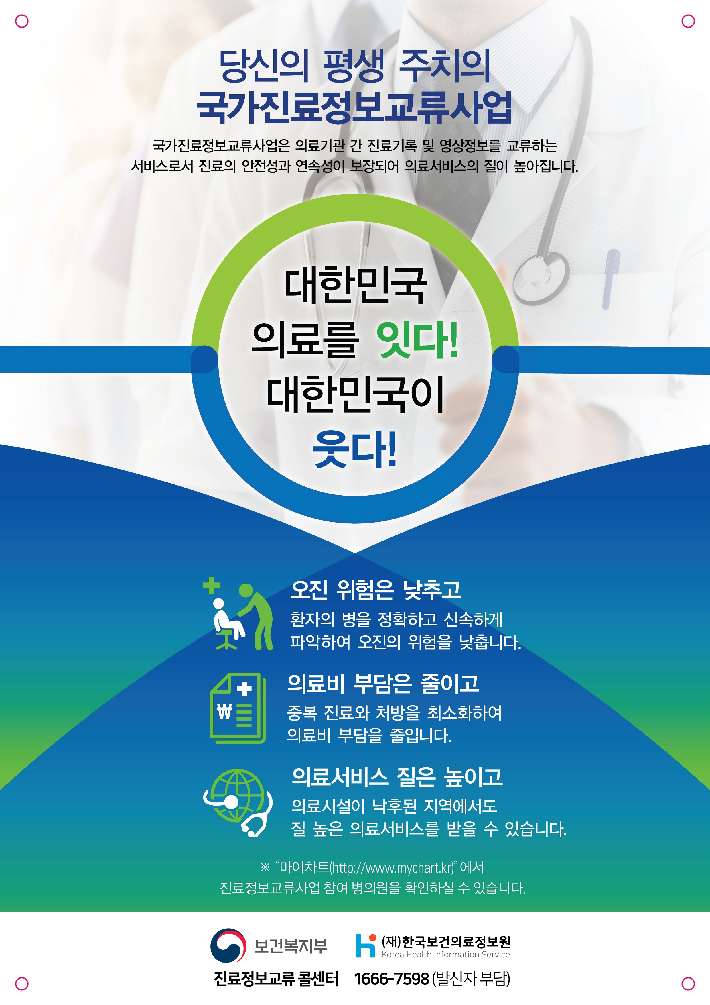 대한민국 의료를 잇다! 대한민국이 웃다! 당신의 평생 주치의 국가진료정보교류사업. 국가진료정보교류사업은 의료기관 간 진료기록 및 영상정보를 교류하는 서비스로서 진료의 안전성과 연속성이 보장되어 의료서비스의 질이 높아집니다. 오진 위험은 낮추고(환자의 병을 정확하고 신속하게 파악하여 오진의 위험을 낮춥니다.) 의료비 부담은 줄이고(중복 진료와 처방을 최소화하여 의료비 부담을 줄입니다.) 의료서비스 질은 높이고(의료시설이 낙후된 지역에서도 높은 의료서비스를 받을 수 있습니다.) 2017년 11월부터 마이차트(http://www.mychart.kr) 포털과 보건복지부 홈페이지에서 진료정보교류사업 참여 병의원을 확인하실 수 있습니다. 보건복지부. 한국보건의료정보원.